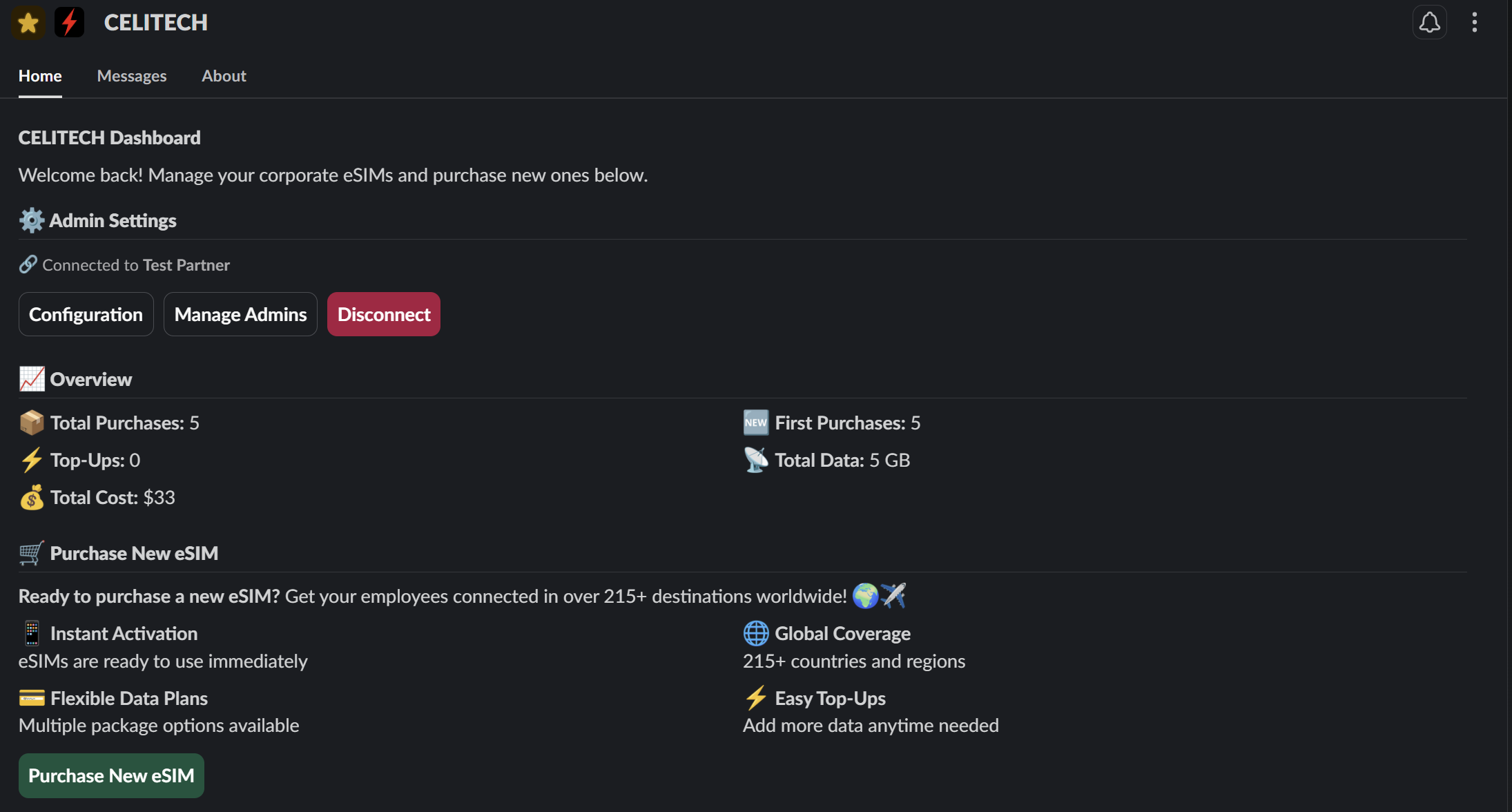 CELITECH admin Home tab