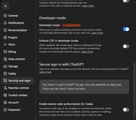 Developer mode toggle