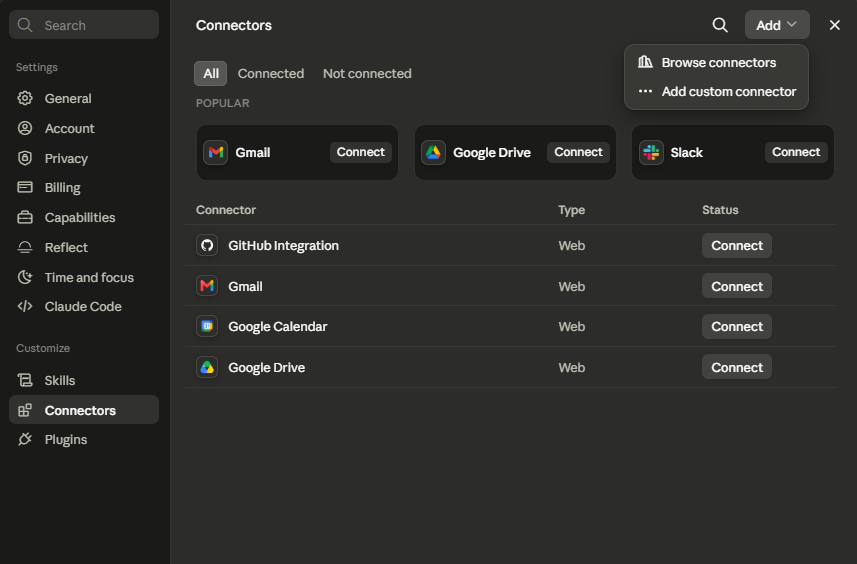 Add custom connector dialog at the organization level