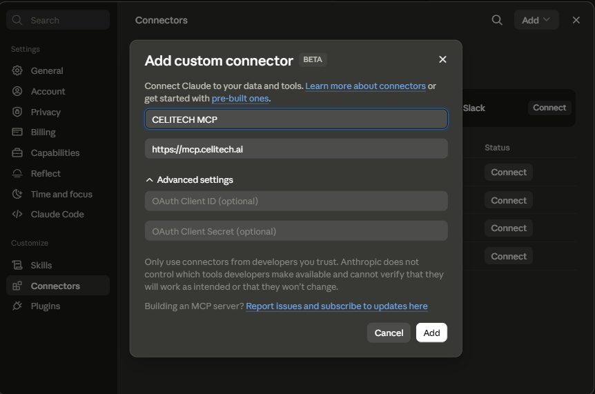 Add custom connector dialog at the organization level