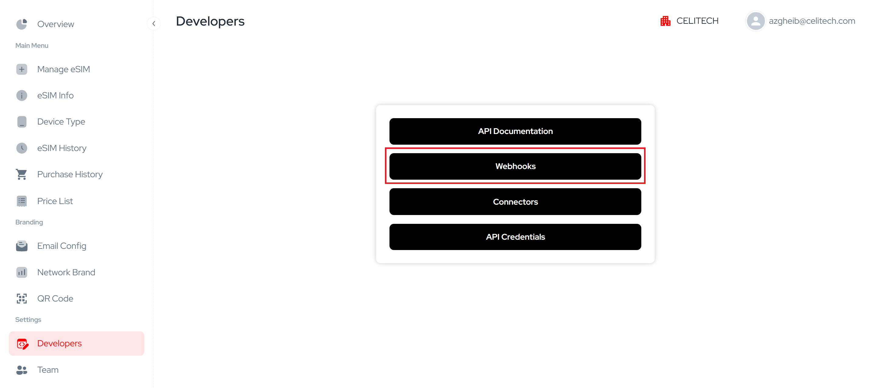 Developers section with the Webhooks entry point