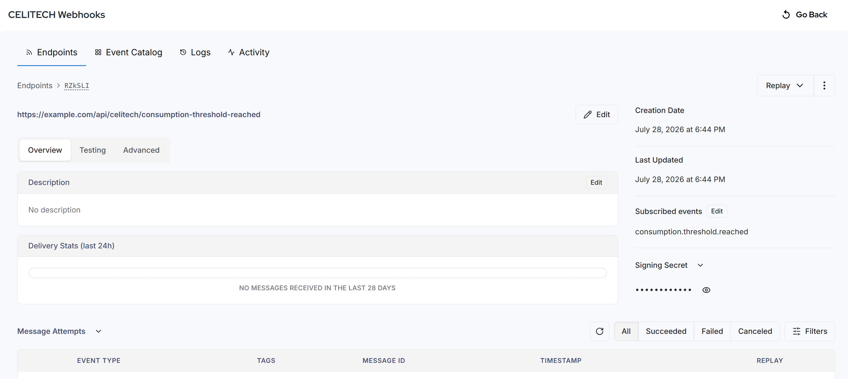 Webhook endpoint management and delivery log