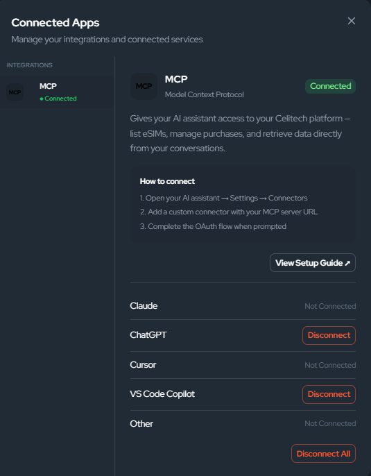 My Connections tab listing each AI client with its status