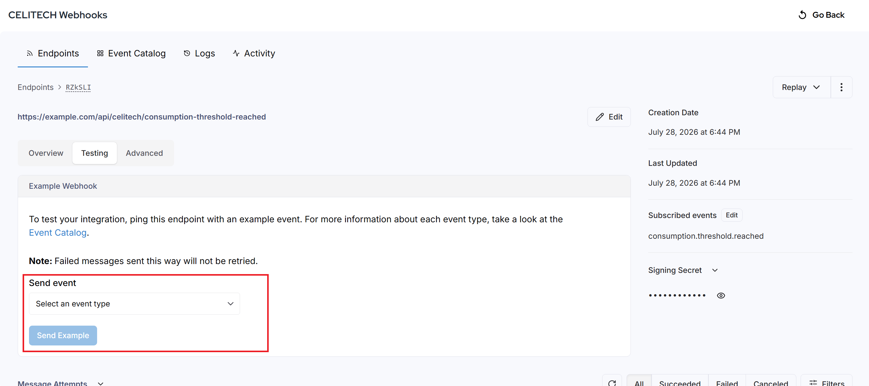 Send example event feature in the Webhooks dashboard
